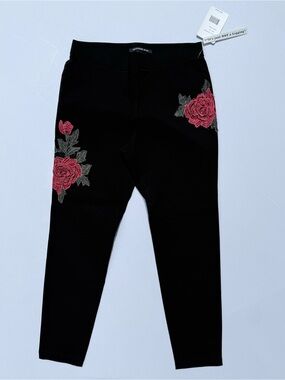 Zac & Rachel Embroidered Leggings, Black Floral Pull-On Pant, 10 Petite, NWT